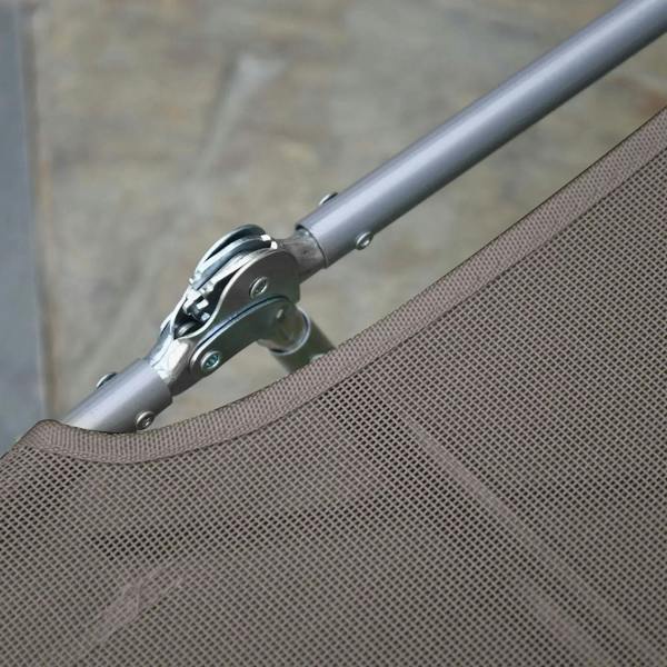 Brown sun lounger fabric and silver steel frame hinge mechanism close-up
