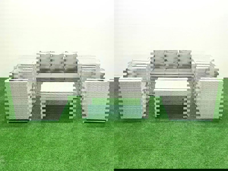 Fimous Rattan Garden Furniture Set 6 Pieces Outdoor Garden Sofa Oblong Coffee Table Set with 2 Chairs 2 Side Tabes Light Grey Mixed