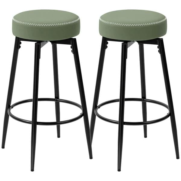 Set of two green faux-leather bar stools with black legs and circular footrest