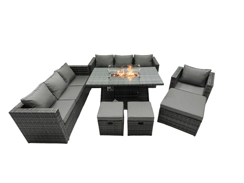 Fimous Rattan Garden Furniture Firepit Dining Set 7 Seater Lounge Sofa Table Set with 3 Footstool