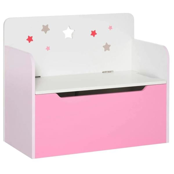 Pink kids wooden toy box storage bench with open lid and star decals on the back panel.