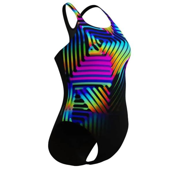 Black Speedo digital placement medalist swimsuit with rainbow geometric pattern
