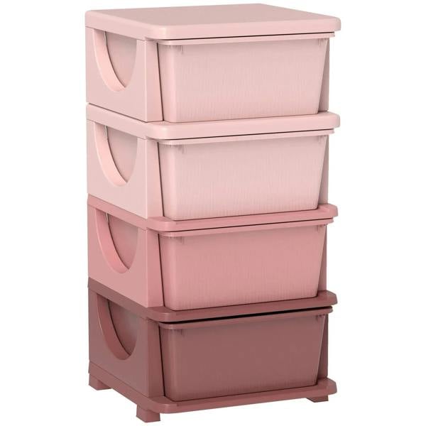 Pink four-tier kids storage drawer boxes with four open bins and curved pull handles