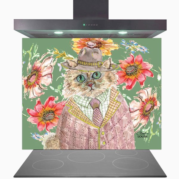 Claire Louise - Designer Cottage Floral Cat Glass Kitchen Splashback