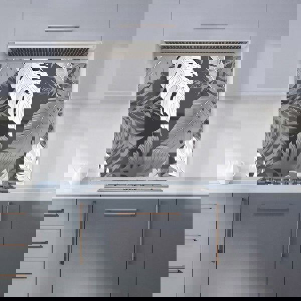 Warren Reed - Designer Black White Tropical Leaves Kitchen Splashback