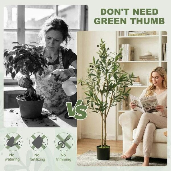 Decorative Artificial Plant, 120 cm Silk Olive Tree with 303 Leaves in Cement Pot, Fake Plant