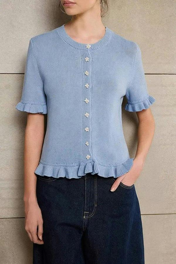 WOVCOR Flower Button Detail Crew Neck Knit Blouse