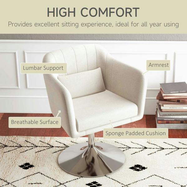 Cream white upholstered chair with lumbar support cushion and sponge padded seat on pedestal