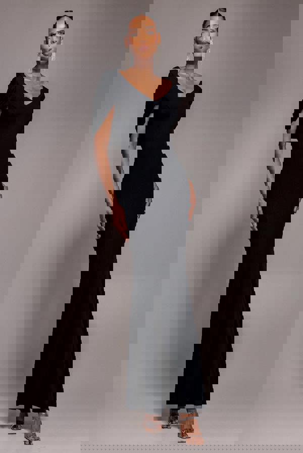 V Neck Cowl Back Pleated Sleeve Scuba Maxi Dress - Black DR5010