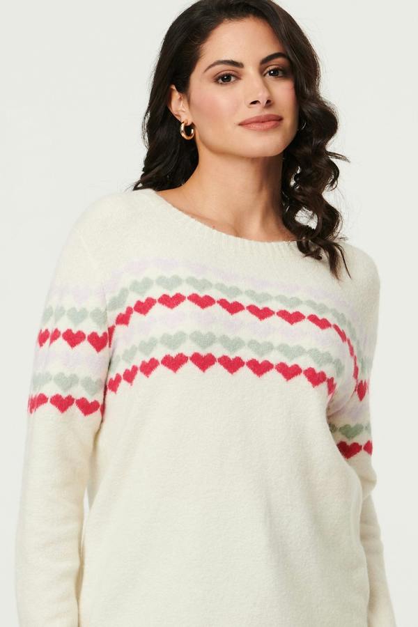 Beige | Heart Print Long Sleeve Relaxed Jumper