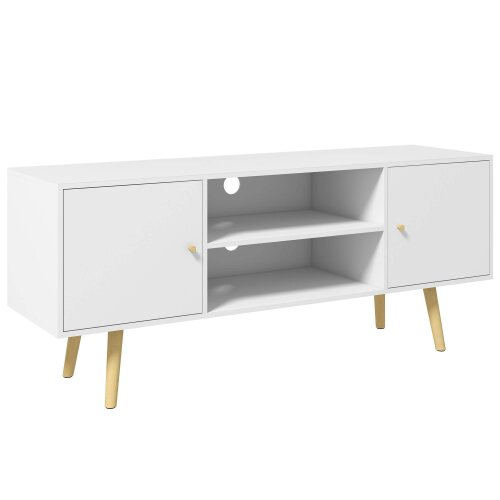 Wyld Haus Vido 120cm Tozi Wooden White TV Cabinet With Open Shelves And Wooden Legs For Screens Up To 55 Inches