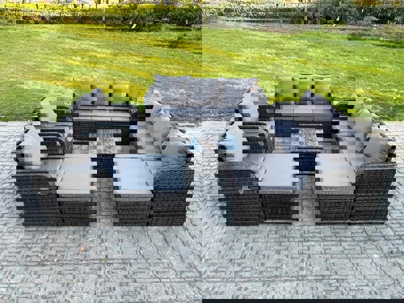Fimous 10 Seater Outdoor Rattan Garden Furniture Set Conservatory Patio Sofa Coffee Table With 2 Big Footstool Dark Grey Mixed