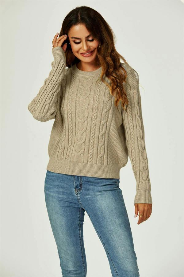 FS Collection Cable Knit Crew Neck Jumper In Taupe