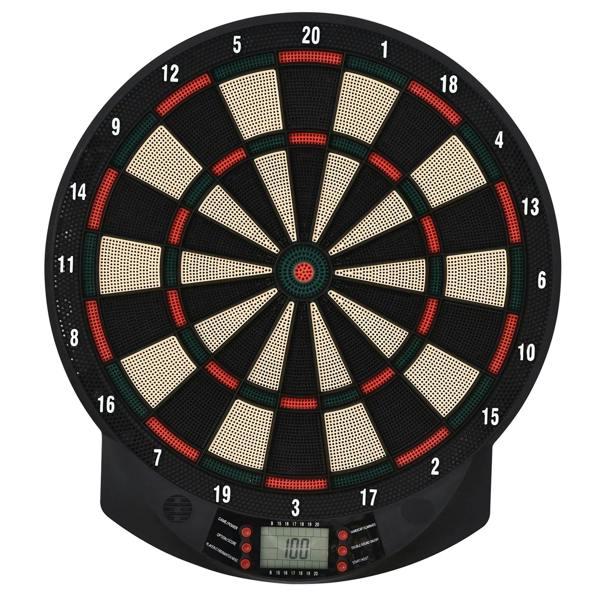 Electronic dartboard set with black board, red scoring rings, and LED score display base