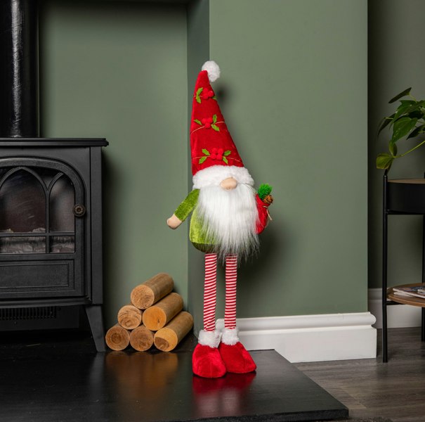 Samuel Alexander 71cm Standing Christmas Gonk with Santa Hat and Extendable Legs in Reg and Green