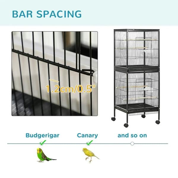 Black wire bar spacing detail on bird cage frame, designed for small birds