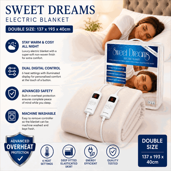 Sweet Dreams Electric Blanket Double Bed Size Machine Washable Elasticated Skirt - Overheat Protection