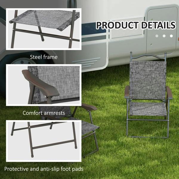 Grey folding garden chair set with steel frame, armrests, and anti-slip foot pads