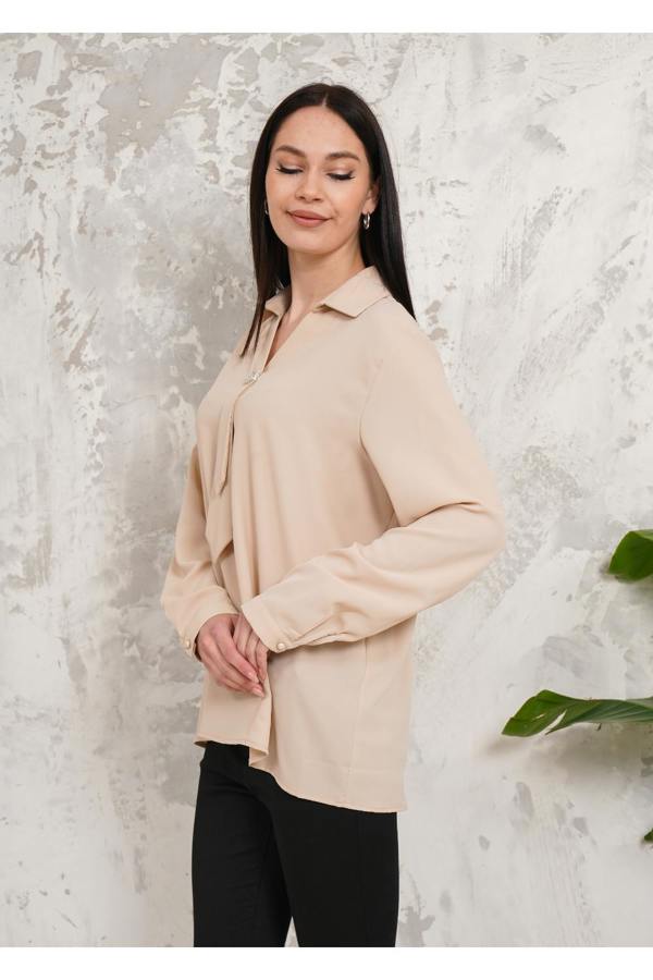 Hoxton Gal Relaxed Fit Long Sleeve Blouse with Tie Detail in Beige