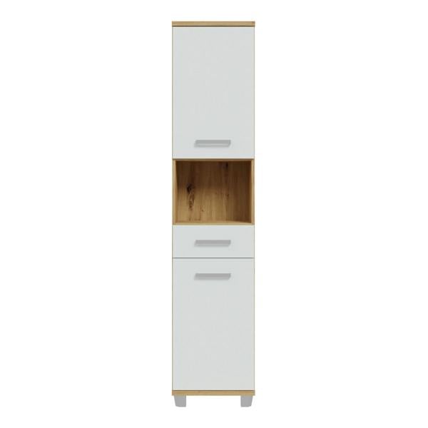 Furniture To Go Veris Tall Narrow Bathroom Cupboard with 2 Doors & 1 Drawer in Artisan Oak andLight Grey