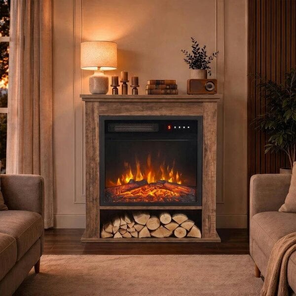 Electric Fireplace Suite with Shelf, 25" 1800W Electric Fire and Surround with LED Flame, 5 Brightness, Remote, Oak