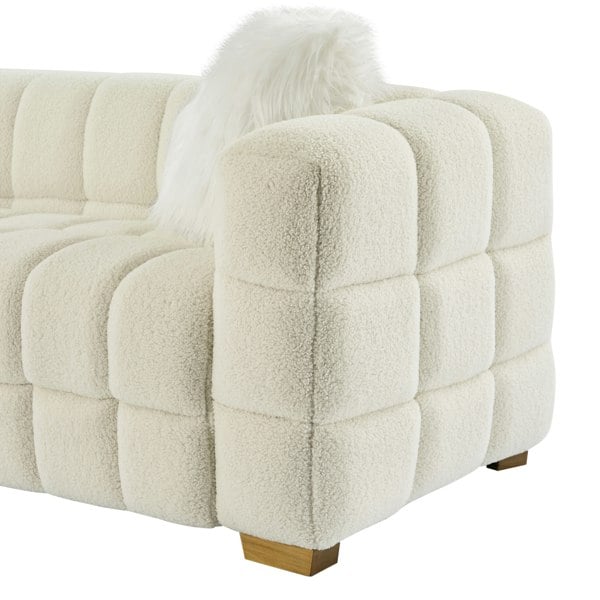 Furniture One Teddy Fleece 3 Seater Sofa - 210cm Loveseat Couch, Upholstered Padded Modern Leisure Sofa with 2 Pillows - White