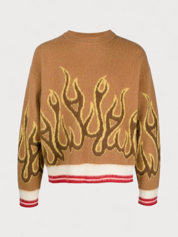 Palm Angels Burning Flame Drop Shoulder Sweater Brown