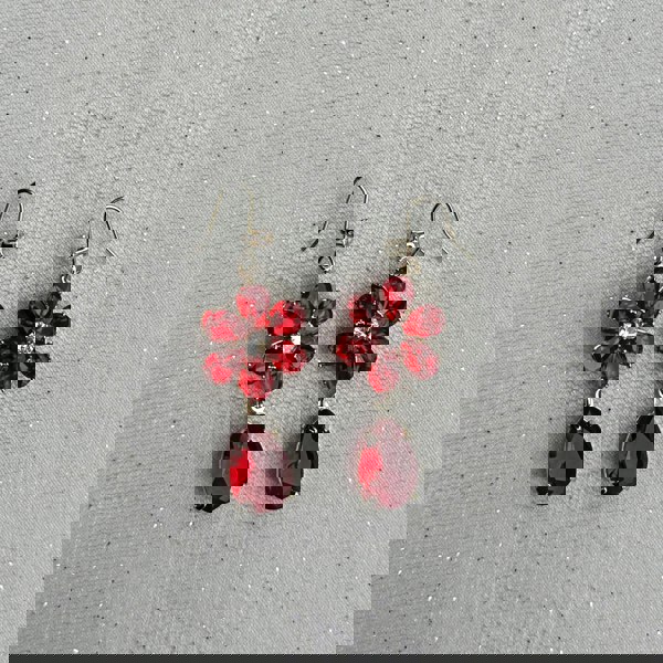 red crystal flower earrings, teardrop red gem, gold hook, statement jewellery, front view
