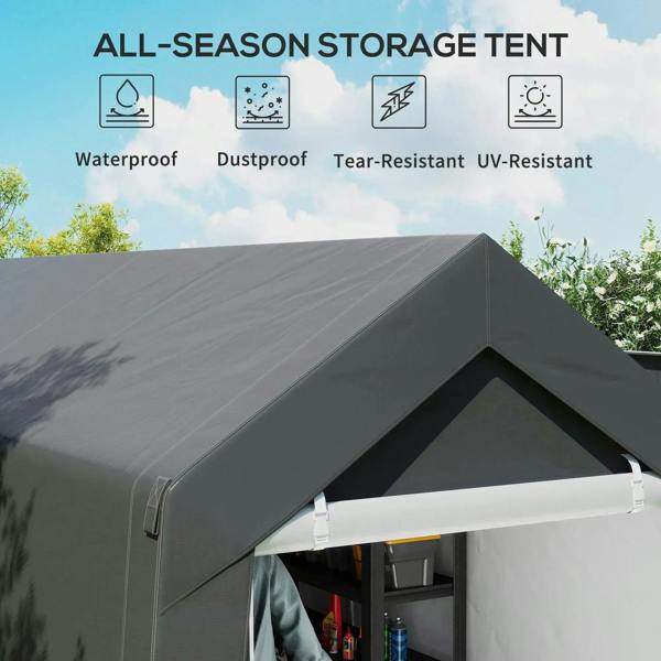 Dark grey storage shed tent roof peak with open window awning
