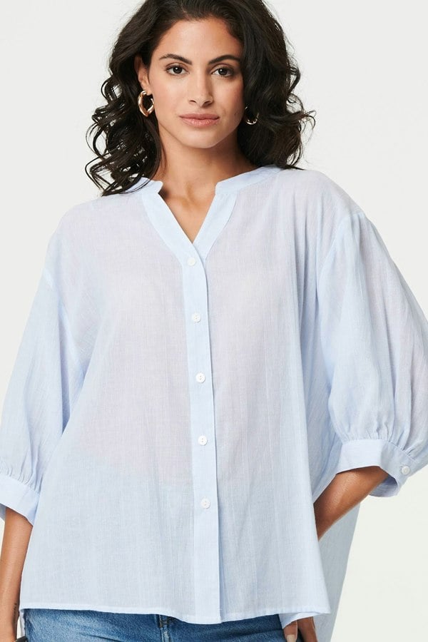 Blue | 3/4 Sleeve Collarless Curve Hem Shirt
