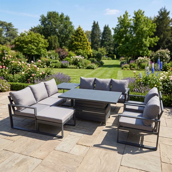 Fimous 9 Seater Aluminium Garden Furniture Set with Adjustable Rising Dining Table, 2 Chairs, Side Table, Footstool - Dark Grey