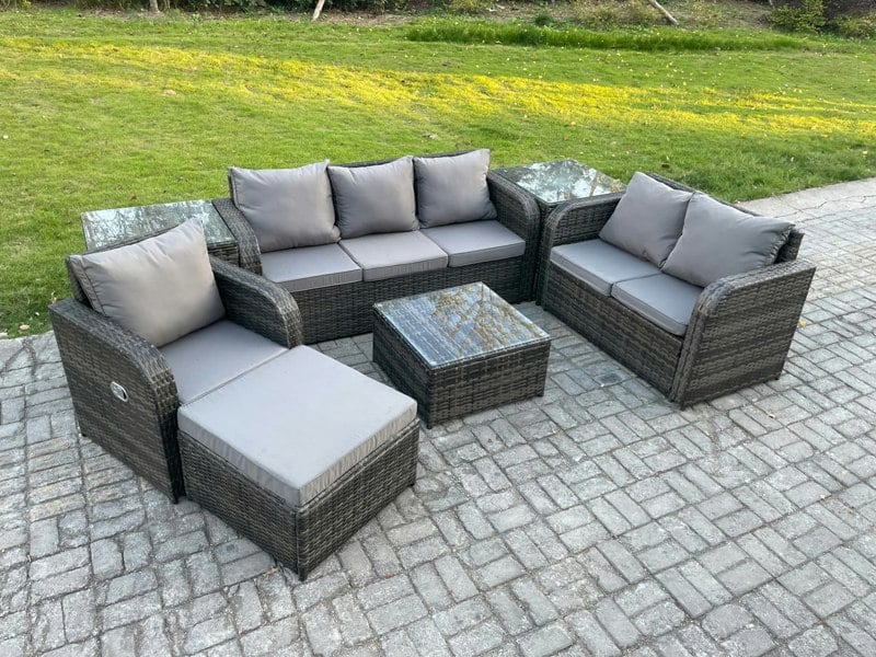 Fimous Rattan Garden Furniture 7 Piece Patio Set With Table Sofa Square Coffee Table Reclining Chair Love seat sofa 2 Side Tables Big Footstool