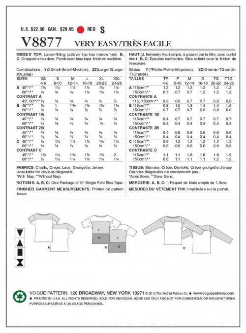 Vogue Sewing Pattern 8877, Tops for Women, XS-S-M - Easy