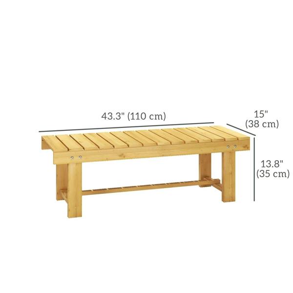 Natural fir wooden slat bench with smooth seat boards and four supporting legs