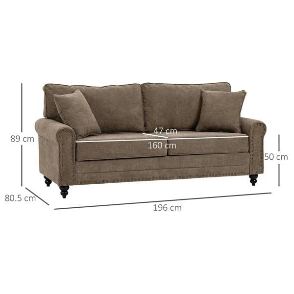 Brown fabric 3-seat sofa with nailhead trim and legs; 196 cm width dimension