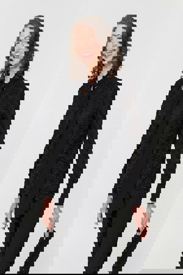 Black | Floral Lace Semi Sheer Textured Blouse
