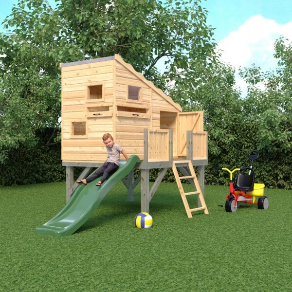 Shire Command post on platform with Slide 6x4 Childrens Playhouse with 12mm Shiplap interlocking cladding