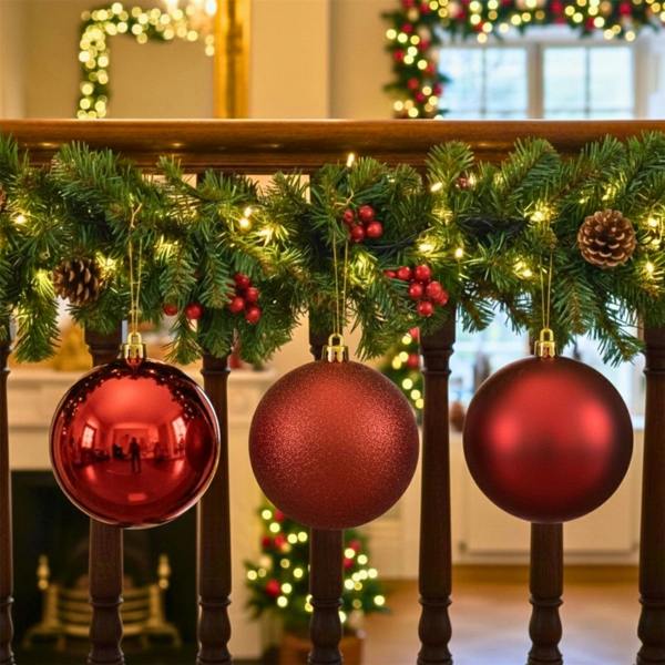 Shatchi 20cm Dark Red Christmas Baubles Set of 3 with Glossy, Matte and Glitter Finishes