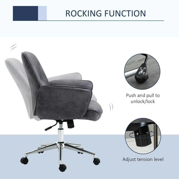 Charcoal grey swivel office chair with thick padding, rounded armrests, and caster feet