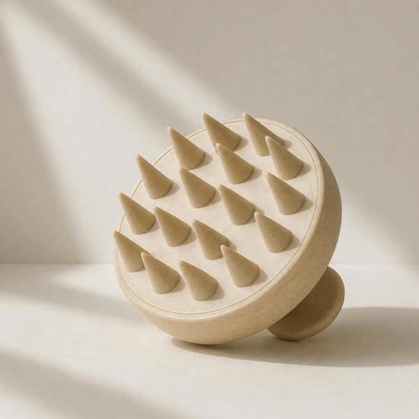 A round silicone scalp massager with multiple cone-shaped silicone spikes, shown on a warm beige background with soft diagonal shadows. Rosemary hair oil, scalp massager, soothe, essential, hair growth, stimulate, health, haircare, UK
