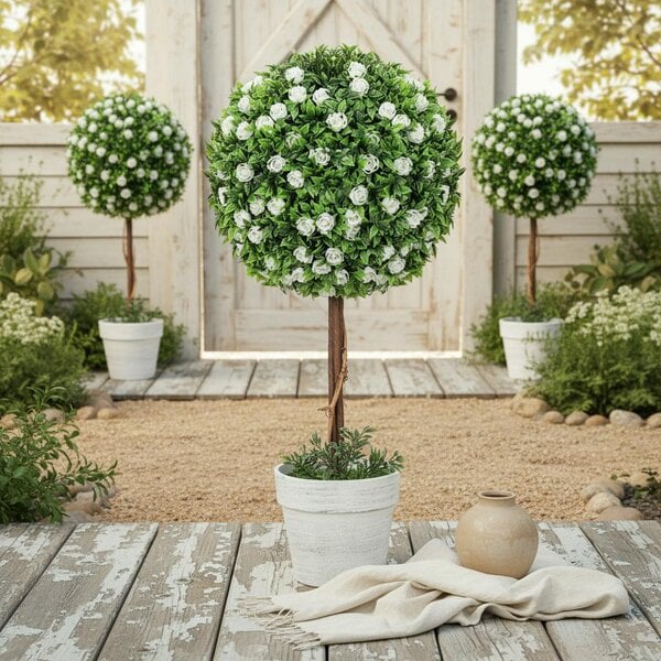 Wyld Haus Rahafi Set Of 2 Artificial Rose Flower Topiary Ball Trees In Pots H8 60cm White
