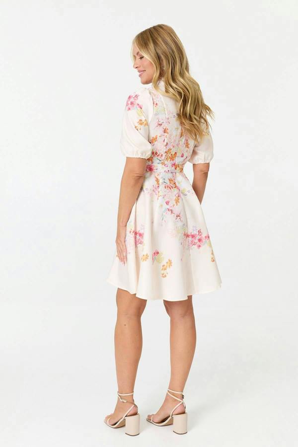 White | Floral Tie Waist 1/2 Sleeve Short Dress