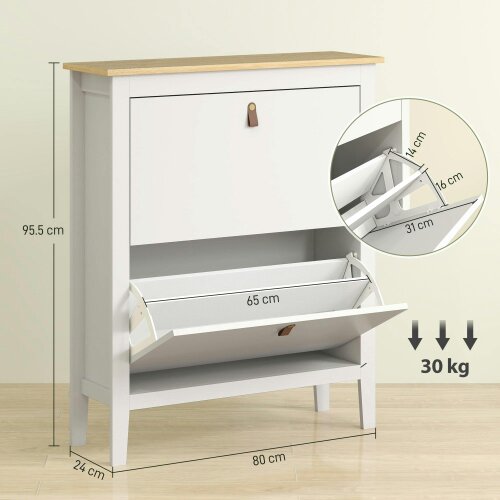 Wyld Haus Rimi Wooden White and Natural 2 Drawer Shoe Cabinet Faux Leather Handles