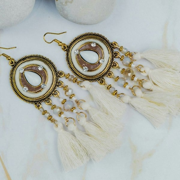 The Colourful Aura Long Round Enamel White Tassel Indian Boho Drop Ethnic Dangle Bridal Earring