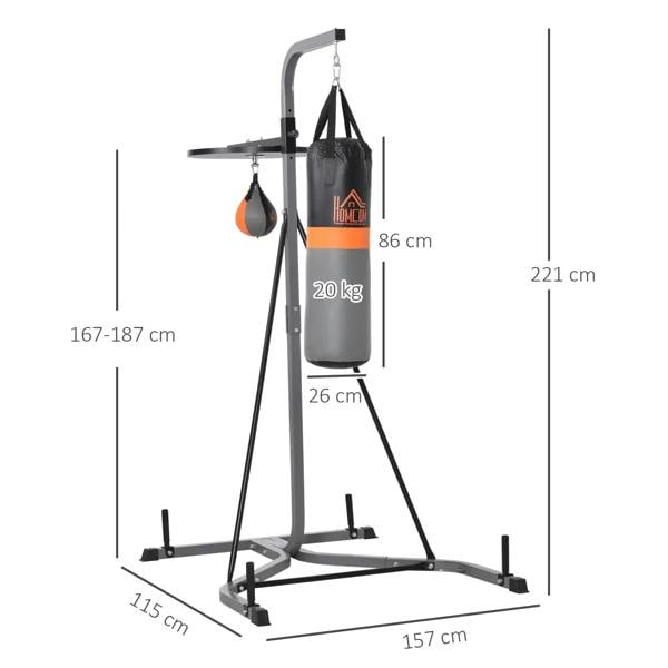 Freestanding grey boxing punch bag and speed ball stand with stable base