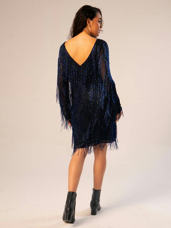 Rose & Nancy Janey Blue Black Beaded Fringe Mini Dress