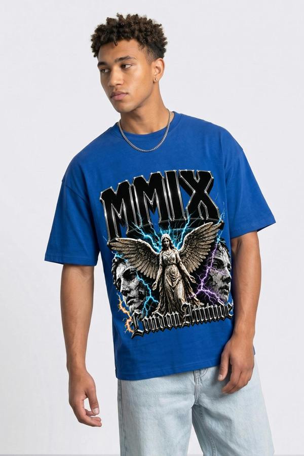 London Attitude Oversized Heavyweight Angel Graphic T-Shirt - Royal Blue