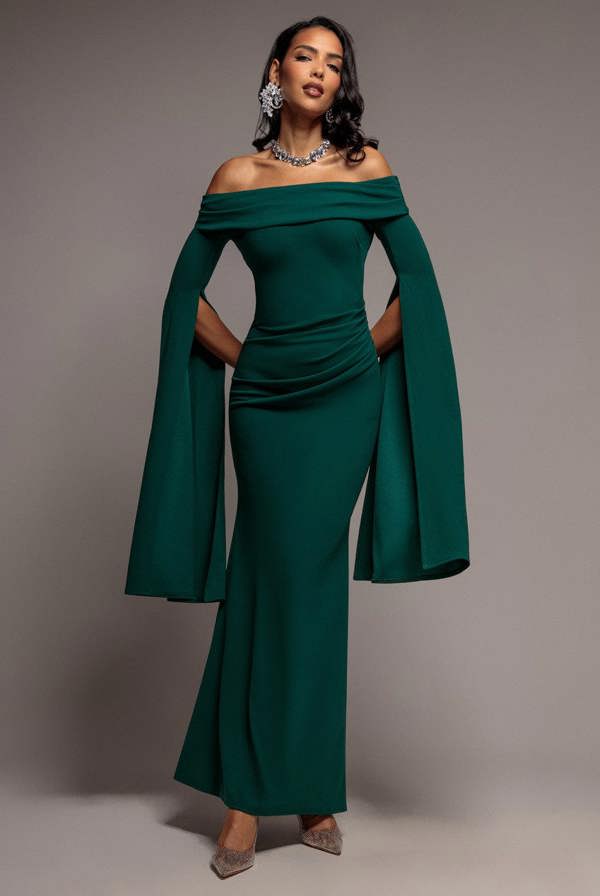 Off Shoulder Bardot Maxi Dress With  Split Cape Sleeves - Emerald Green DR5254