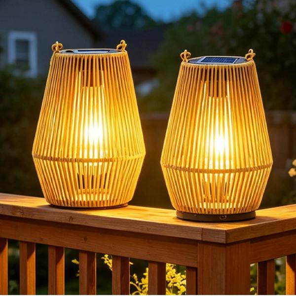 Gr8 Garden Set of 2 Solar Hanging Rattan Lanterns LED Garden Patio Lights Natural IP44 Outdoor Lamps