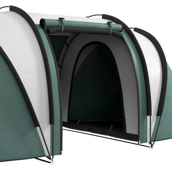 Close-up of dark green and white tent doorway with arched entrance frame
